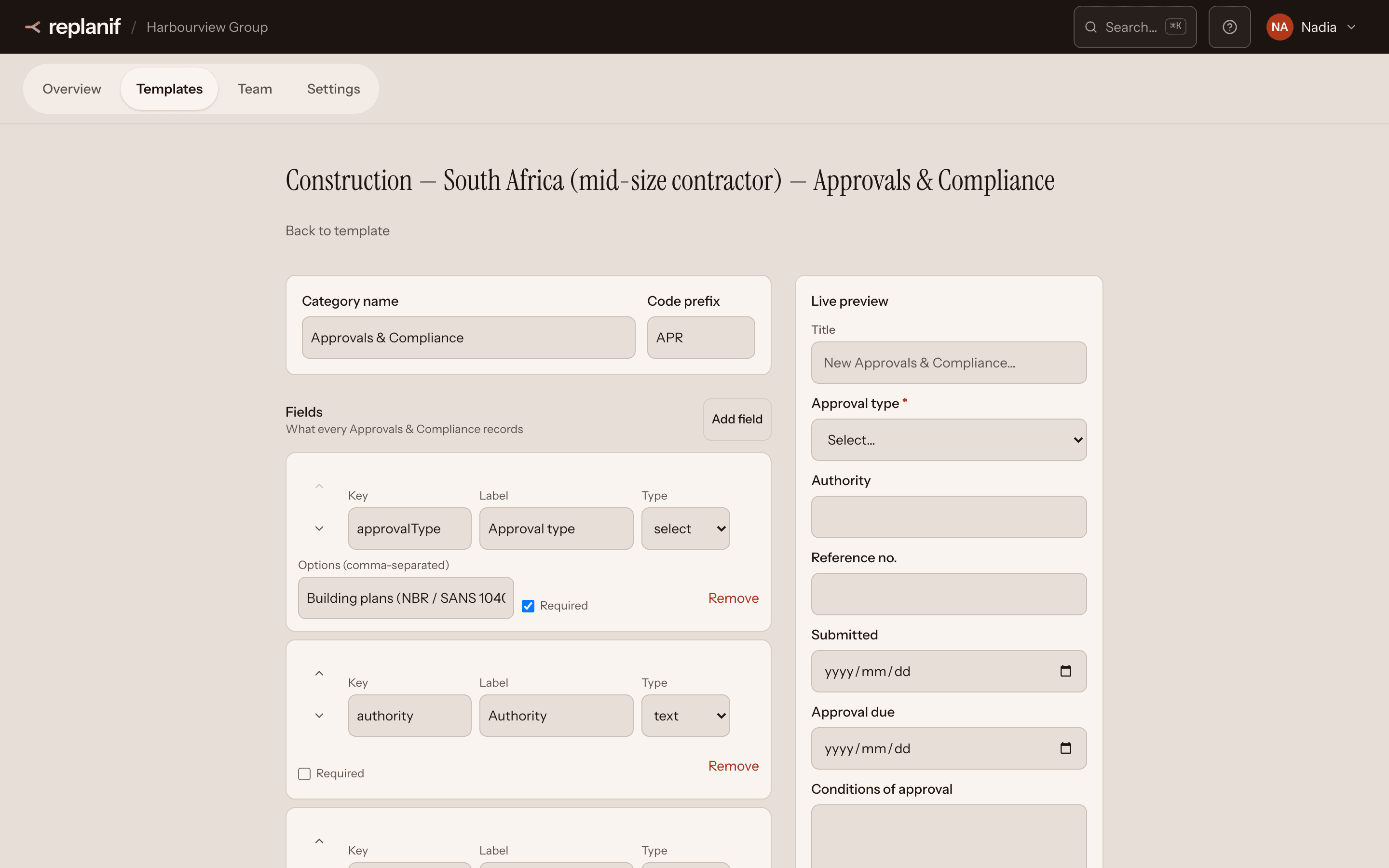 The template editor: a category's fields, such as approval type and authority, on the left, and a live preview of the form they produce on the right.